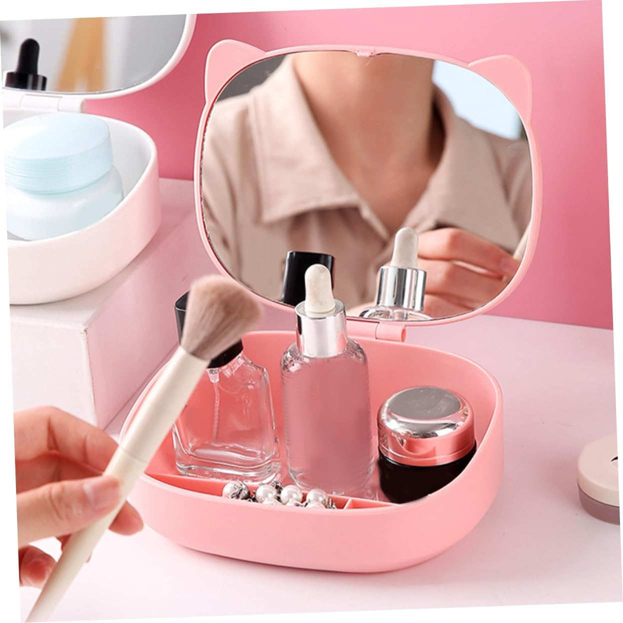 Miroir de maquillage avec rangement oreilles de chat