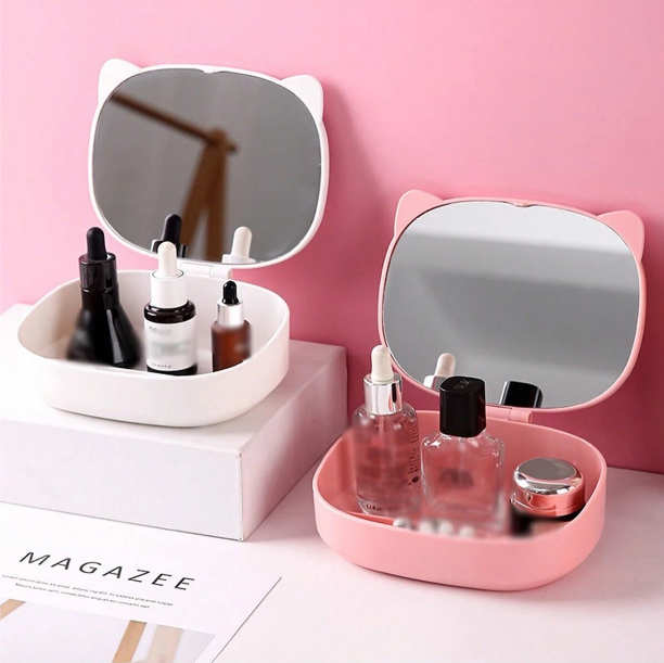 Miroir de maquillage avec rangement oreilles de chat